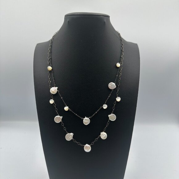 Athena Designs Coin Pearl Necklace Sterling Silver Freshwater Layered 18 Inch - Picture 8 of 12